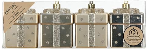 Inge-glas Christbaumschmuck Geschenkbox 6cm Kunststoff 4er Set - bruchsicher & mit Glitzer - Kleine Christbaumkugeln für Weihnachtsbaum - Weihnachtsbaumkugeln & Weihnachtsbaumschmuck - Creamy Gold
