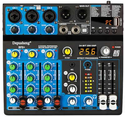 Depusheng BF6+ Mini mixer portatile, mixer audio a 5 canali, console DJ con funzione Bluetooth, USB, alimentazione phantom 48V per registrazione PC, 256DSP, webcast.