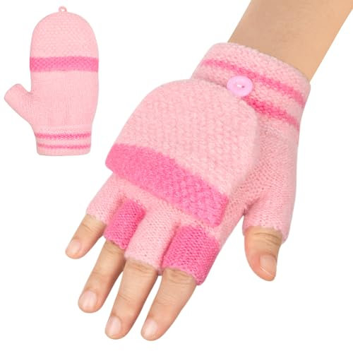 Kiiwah Fingerhandschuhe Kinder mit Kappe, Winter Handschuhe Fingerlose für Mädchen Jungen 5-12 Jahren, Warme Kinderhandschuhe Stricken (Rosa-L)