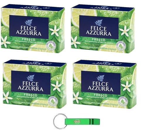 4 saponi Felce Azzurra Sapone Solido Fresco – Sapone fresco solido con profumo di bergamotto e fiori di cedro – Ideale per mani e viso 100 g + portachiavi Beni Culinari