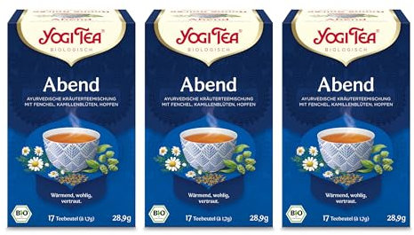 Yogi Tea - Abend, Ayurvedischer Bio Gewürz- und Kräutertee, von Natur aus koffeinfrei, Mischung aus Fenchel, Kamillenblüten und Baldrianwurzel, Yogi Tee 3er Pack, 3x17 Beutel (51 Teebeutel insgesamt)