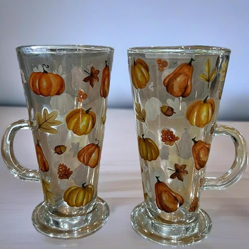 eBoutik -Set of 2 Autumn Fall Pumpkin Glass Latte Cup with Handle - Large Latte Espresso Iced Coffee Mug for Hot Beverage Tea & Coffee Cappuccino - for Thanksgiving etc