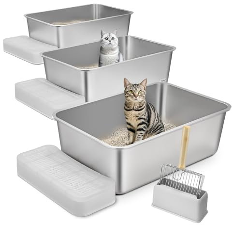 VEVOR Cat Litter Box, 8 inches Deep, XL Extra Large Stainless Steel Cat Litter Box with Scoop, Wide Filtering Foot Board & High Sides, Enclosed Odor-Free Easy-to-Clean Litter Box, Fit for Big Cats
