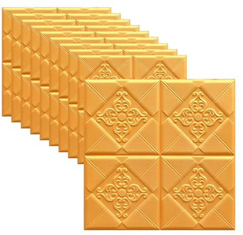 10 Pack 3D Wall Panels for Interior Wall Decor, PE Foam Decorative Wallpaper for Living Room Bedroom Hotel Office, 60X60cm Cover 38.7 Square Feet,gold