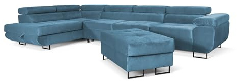SOFILAND Aller Lang XL Modernes Design Ecksofa mit Schlaffunktion, Bettkasten in Ottomane, Hocker mit Stauraum – Tierfreundlicher Waterproof-Welvet, inkl. 2 runde Kissen, Ottomane Links. (Blau)