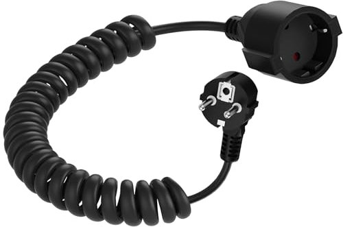Schutzkontakt Spiralkabel, 0,8 m auf 2 m Spiralverlängerung (230V/16A), Spiralkabel mit Schuko-Stecker und Kupplung, IP20, Schwarz