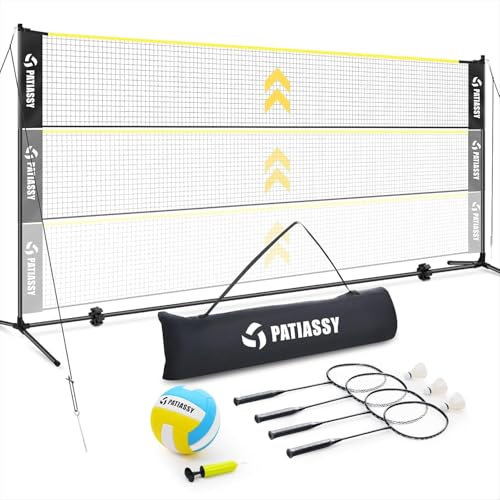 Patiassy 17ft Volleyballnetz Mit Stangen, Badminton Netz Set Mit 4 Badmintonschlägern 3 Gänsefederbälle 1 Volleyball Für Outdoor Höhenverstellbar