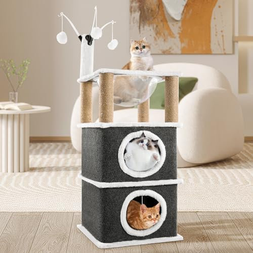 Ankishi 3-Tier Cat House,Cat Beds for Indoor,Sisal Scratching Posts, Cats Tree with Plush Condo, Cushions, Dangling Cat Toys, Grey