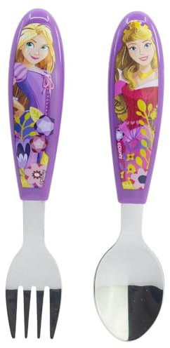 Set posate Principesse Disney in acciaio inossidabile atossico 2 pezzi cucchiaio e forchetta con manico ergonomico per bambini
