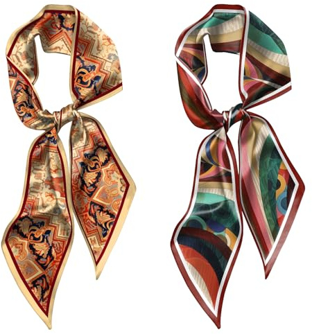 BHAHB 2 Stück Bandana Damen,Lange Kopftuch Damen(150x17cm) Haartuch Seide,als Kopftuch,Halstuch,Handtaschen-Dekoration,Mode Niedlich Design für Frauen Mädchen