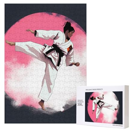 Taekwondo Design Printed Jigsaw Puzzle with Storage Box, Wooden Puzzle for Adults and Kids, 300 Pieces Family Fun Decorative Game