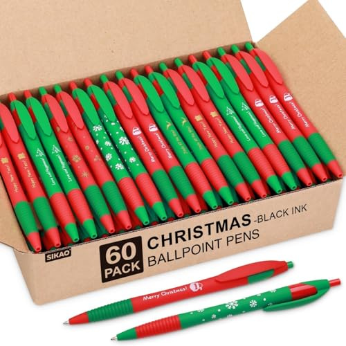 Sikao Weihnachts Kugelschreiber Großpackung, 60er Pack Holiday Kugelschreiber Schwarz, 1.0mm Mittlere Spitze, Klick-Stifte für Lehrer, Schüler, Klassenzimmer Belohnungen & Büro Weihnachtsfeiern