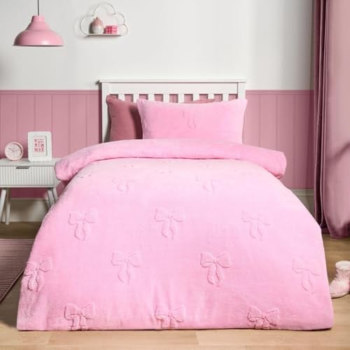 OHS Teddy Fleece Double Duvet Set, Super Soft Warm Thermal Bows Tufted Design Double Duvet Cover Set Fluffy Fleece Cosy Teddy Bear Bedding with Pillowcases, Pink