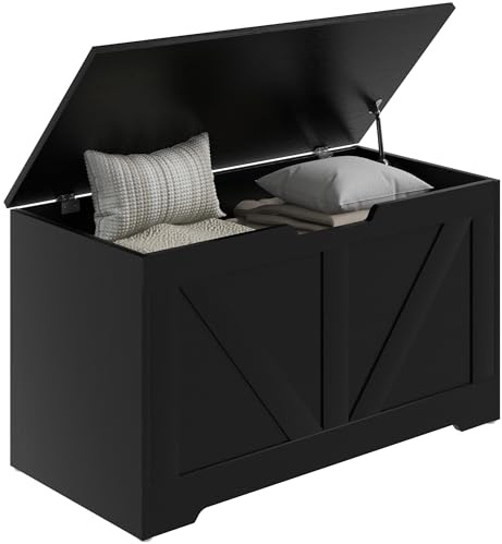 HOMCOM 100L Storage Chest, Storage Trunk with 2 Safety Hinges and U-shaped Cut-out Pull, Organiser Box for Living Room, Entryway, 80 x 40 x 45 cm, Black Wood-Effect