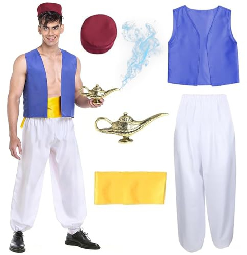 Aladdin Kostüm Herren, Aladdin Kostüm Mann, Prinz Ali aladdins kostüms mit Arabischer Prinz Weste, Lampe, Hüte, Aladinhose, Schärpe für Karneval Mottoparty Cosplay