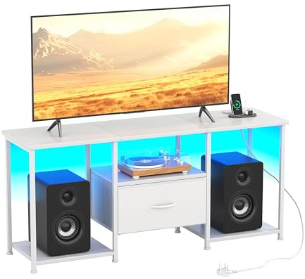 MUTUN TV Stand Cabinet for Bedroom, 46 Inch TV Stand with LED Lights for 55 Inch TVs, TV Unit with Storage Drawer & Power Outlets, Media Entertainment Console for Living Room, White