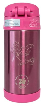 Thermos Funtainer Milano Cortina 2026 Borraccia Termica Bambini 355ml Rosa | cannuccia silicone, maniglia pieghevole, 12h freddo, senza BPA, lavabile in lavastoviglie, doppia parete, ermetico