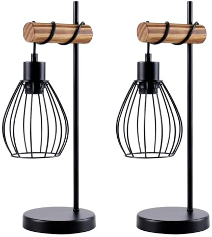 ZMH 2er Tischlampe Wohnzimmer Vintage Tischleuchte Holz Nachttischlampe E27 | Schwarz Nachttischleuchte im Industrial Design aus Metall Ambientebeleuchtung für Schlafzimmer Hotel - ohne Leuchtmittel