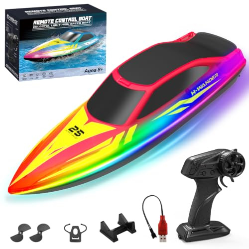 WUQNGI Ferngesteuertes Boot mit 2 Batterien, RC Speedboot für Kinder & Erwachsene, High Speed Motorboot ab 6 Jahre, Wasserboot mit LED-Licht, 2,4 GHz Rennboot Spielzeug Geschenk für Pool Meer Seen