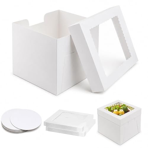 Forhandy 10 Tortenkarton 25x25x20 cm mit Fenster und Kuchenrunde Bretter | Tortenschachtel Seitenöffnung, Kuchen Karton für Geburtstage Partys Hochzeiten (25CM)