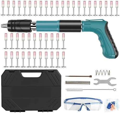 Clavadora de hormigón, pistola manual de clavos de 5 velocidades con 100 clavos redondos, pistola de clavos portátil para la instalación de paneles de madera en paredes y techos de hormigón