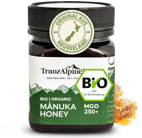 TranzAlpine Manuka Honig BIO-zertifiziert 250g - MGO 250+ | 100 % reiner Premiumhonig aus Neuseeland - Laborgeprüft & Original-Imkerabfüllung