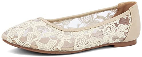 Greatonu Damen Geschlossene Ballerinas Brautschuhe atmungsaktiv Lace Flache Schuhe Beige Größe EU 41