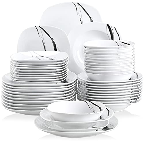 VEWEET TERESA Juegos de Vajillas Elegantes 48 Piezas de Porcelana con 12 Cuencos de Cereales, 12 Platos Llanos, 12 Platos de Postre y 12 Platos Hondos para 12 Personas, Motivo de Líneas Negras