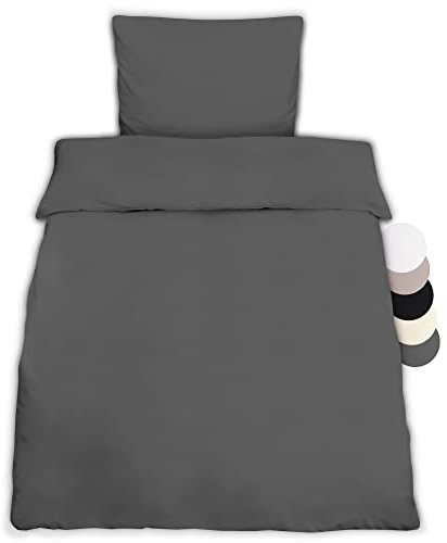 Beautissu 1er Set Renforcé Bettwäsche Set 135x200 cm Julie - Kissenbezug 80x80cm – Bettwäsche mit 1x Bettbezug & 1x Kopfkissenbezug - 2teilige Kühlende Sommerbettwäsche aus Baumwolle in Anthrazit