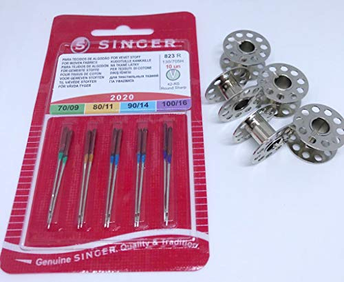 Singer 10 Original Nähmaschinen Nadeln Sortiment 2020 Stärke 70/09 80/11 90/14 100/16 für gewebte Stoffe + 5 Spulen aus Metall für Singer Nähmaschinen Tradition Line 2250,2282,2259,2253,2263,2273,2253