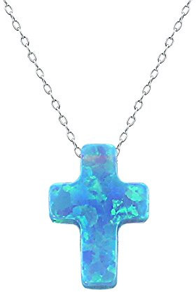 ZeSen Jewelry Blau Opal-Kreuz-Anhänger-Halskette Sterlingsilber-Charme-Kragen-Halskette (2) Himmelblau