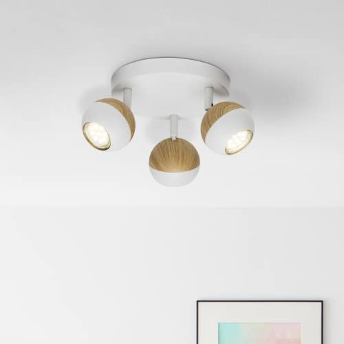 Lightbox LED Deckenstrahler mit warmweißem Licht - 3 flammiger Spotrondell mit schwenkbaren Köpfen - Deckenleuchte mit Leuchtmittel inklusive und wechselbar - Metall Weiß/Holz