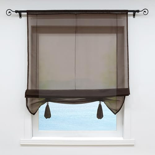 ESLIR Raffrollo Wohnzimmer Raffgardine Tunnelzug Gardinen Küche Transparent Bändchenrollo Vorhänge Modern Voile Braun BxH 140x155cm 1 Stück