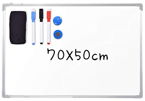 GOPLUS Tableau Blanc Effacable 70 x 50 CM avec Plateau Amovible, Tableau Magnetique Murale, Cadre en Aluminium, Incluant 2 Crochets, 3 Marqueurs, 2 Aimants, 1 Gomme, Idéal pour Bureau, École, Maison