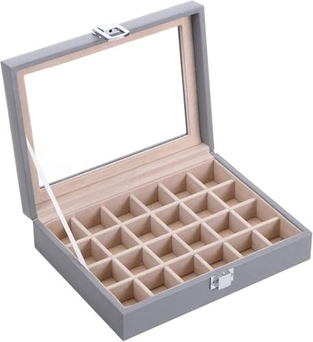 BEWISHOME Ohrring-Schmuckkästchen mit 24 Fächern Ohrring-Halter-Organizer für Mädchen Frauen Geschenke Schmuckschatulle für Ohrringe zur Schmuckaufbewahrung mit klarem Glasdeckel, Grau ESSH17H
