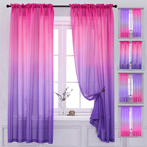 Yancorp Bedroom Curtains 63 inch Length Sheer Curtain Pink Purple Ombre Curtains Rod Pocket Drapes for Girls Living Room Mermaid Bedroom Decor, 1 Panel(Pink Purple, 40x63)