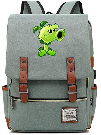 WANHONGYUE Plants vs. Zombies Juego Bolsas Escolares Mochila de la Escuela Clásico Mochila para Portátil de 15,6 Pulgadas con Puerto de Carga USB Green / 2
