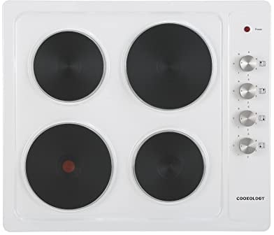 Cookology SEP601WH 60cm Cooktop Solid Plate Electric Hotplate Hob in White - 4 Cooking Zones - Built-in Worktop - 6 Heat Settings - Rotary Dials