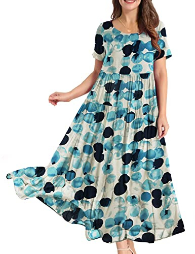 YESNO Women Dresses Casual Plus Size Bohemian Short Sleeve Floral Long Maxi Summer Beach Swing Dress/Pockets M EJFUK CR74