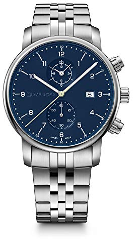WENGER Herren Armbanduhr Urban Classic Chronograph Ø 42 mm, Swiss Made, Analog Quarz, Wasserdicht bis 100 m, Edelstahl-Armband, Blau/Silber, 01.1743.124