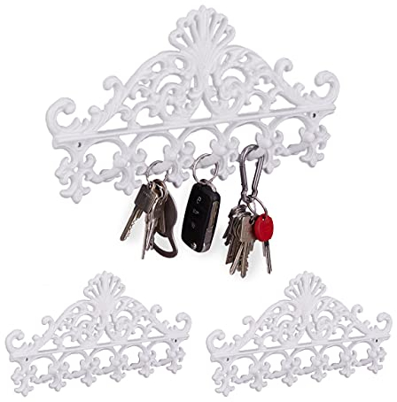 3 x Garderobenleiste Gusseisen, 5 Haken, antike Hakenleiste, für Schlüssel, nostalgisch, HBT: 17 x 35 x 3,5 cm, weiß