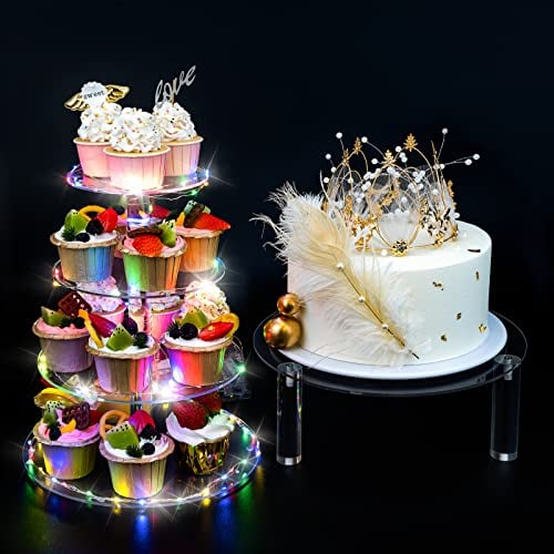 Roponan 4 Tier Cupcake Stand and 1 Tier Cake Stand, 2 Pack Round Clear Acrylic Display Stands for Birthday, Wedding, Party, Baby Shower, Bakery Décor, Buffet (Light String Included)