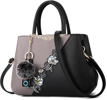 VARLIVOO Damen Handtasche Schultertasche Blumenmuster Frauen Umhängetasche Pom Pom Dekoration Shopper Taschen Damen Crossbody Bag Wasserdicht PU