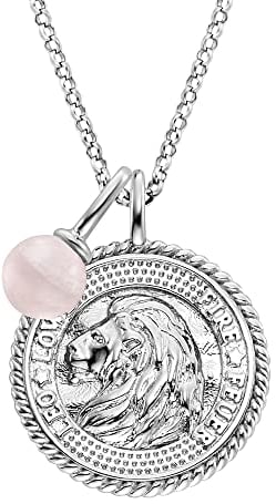 Engelsrufer Damen Halskette aus Sterling Silber und Sternzeichen Löwe Anhänger - besetzt mit 4 Zirkonia Steinen und einem Rosenquarz Stein Anhänger - Länge: 50cm