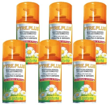 Virsus 6 Bombolette Insetticida PYRE PLUS da 250ml per Mosche zanzare e Insetti Volanti per Uso Domestico a Base di Piretro Naturale Vegetale