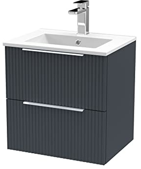 Hudson Reed DFF1492B Fluted Modern Bathroom Wall Hung 2 Drawer Vanity Basin Unit with Minimalist Ceramic Basin, 500mm, Soft Black