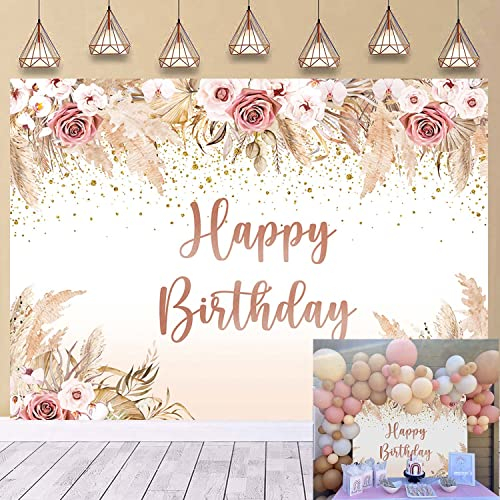 Happy Birthday bohème Fond Fille bohème Chic Fleurs Roses Fond d'anniversaire Vinyle bohème Pampas Herbe Partie gâteau décoration de Table Photo Booth (7x5 FT)