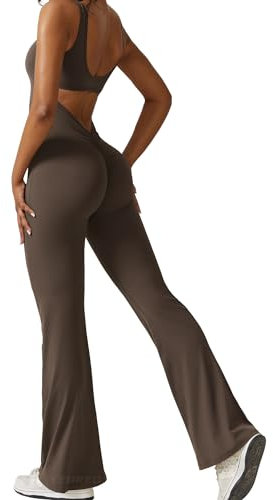 YEOREO Damen-Jumpsuits für Workout, Scrunch Flare, sexy, rückenfrei, Po-Lifting, Fitnessstudio, Yoga, Jumpsuits, Kaffee, Large