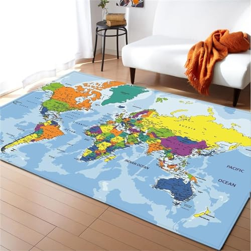 okoikfc Teppich 100 x 150 cm Weltkarte 3D Teppich Wohnzimmer Weltkarte Waschbarer rutschfest, Teppiche für Kinderzimmer Schlafzimmer Deko Antirutschmatte Carpet Matte,A400