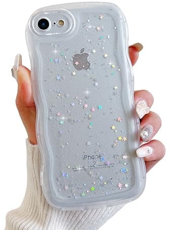 ZTUOK Compatible with iPhone 7/8/SE 2020/SE 2022 Case for Girls,Cute Clear Sparkly Bling Star Design Curly Wave Case Shockproof Protective Slim Soft TPU Glitter Cover for iPhone 7/8/SE 2/SE 3-White